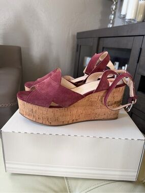 Womens Burgundy Suede Cork Platform Wedges